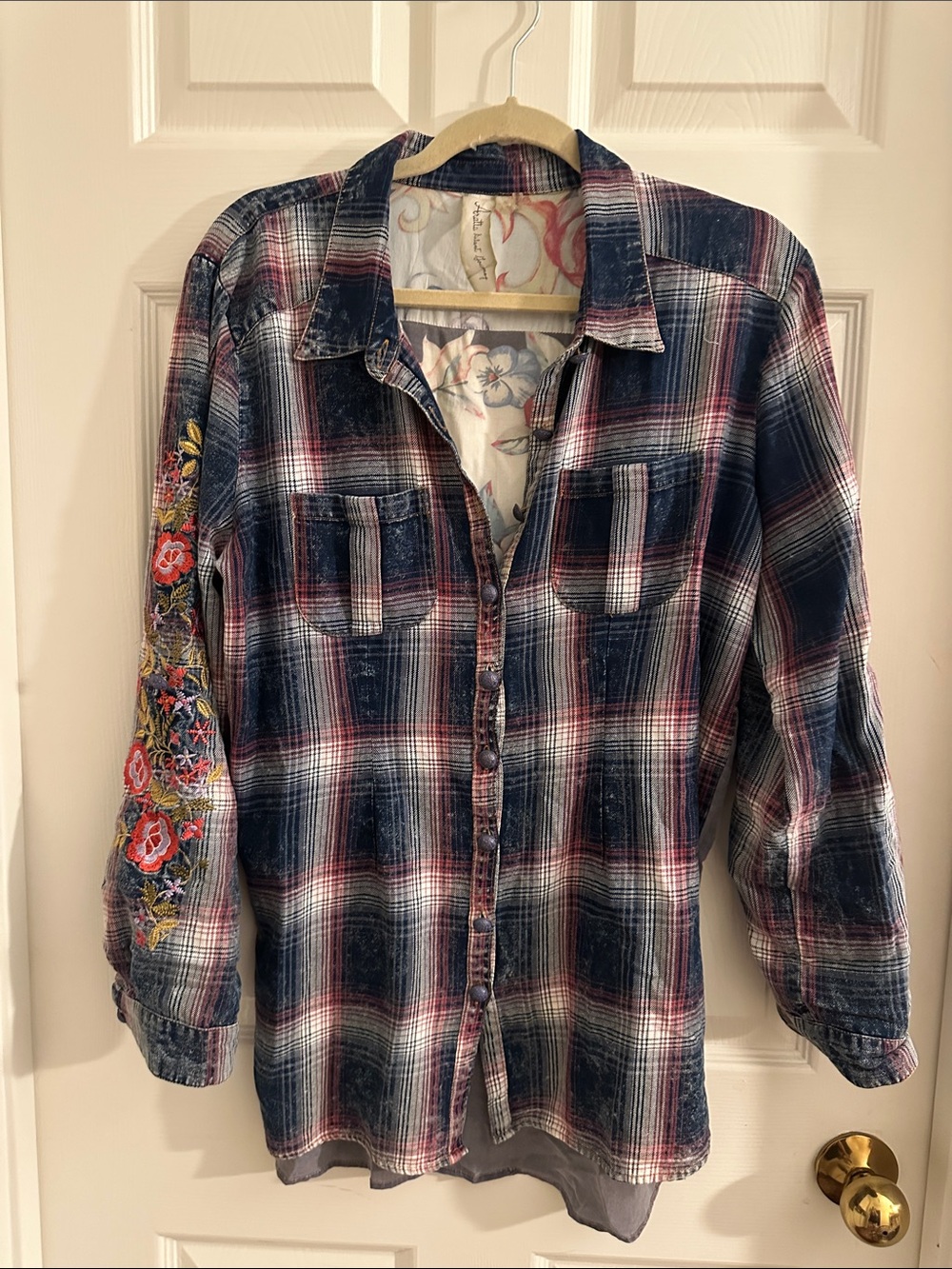 Plaid Button-Down Top with Floral Sleeve Embroidery - Navy/Pink